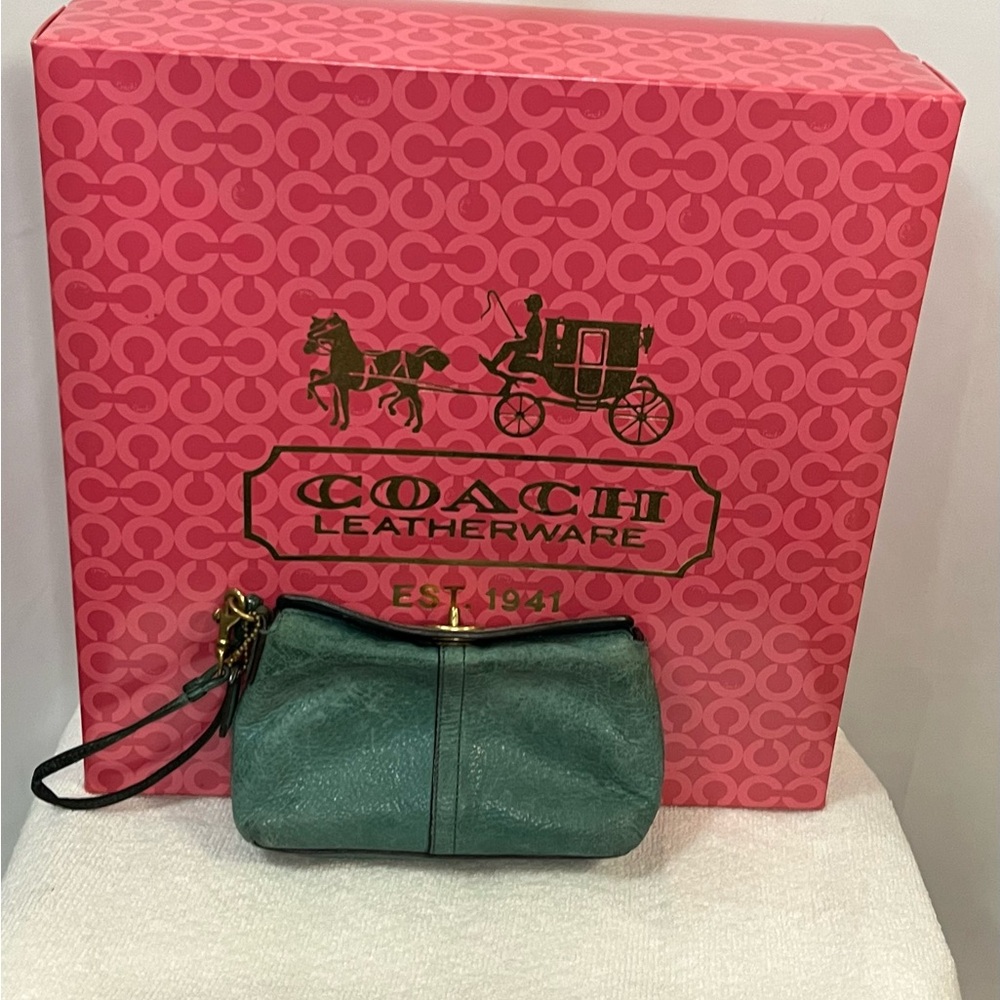 Coach Vintage Teal Green Leather Wristlet with Coach signature turn lock